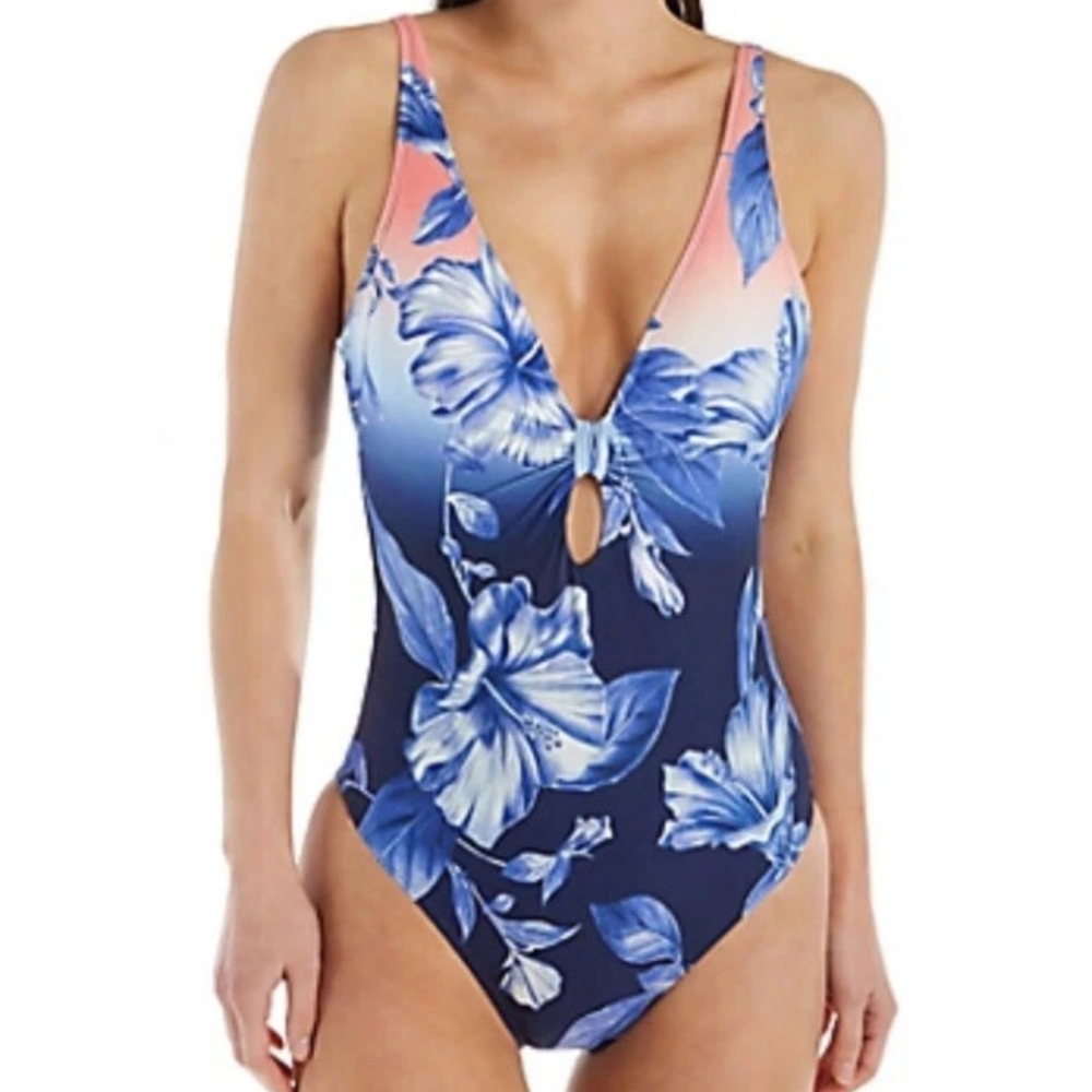 La Blanca Blue Moon Floral Ombre One Piece Swimsuit Knot Front Plunge Size 10